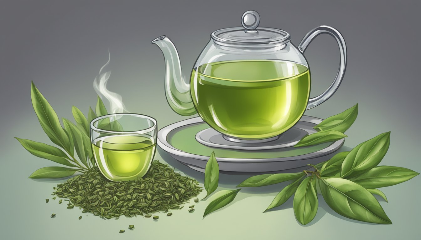 A steaming cup of olive leaf tea sits next to a pile of green tea leaves, showcasing the potential substitution