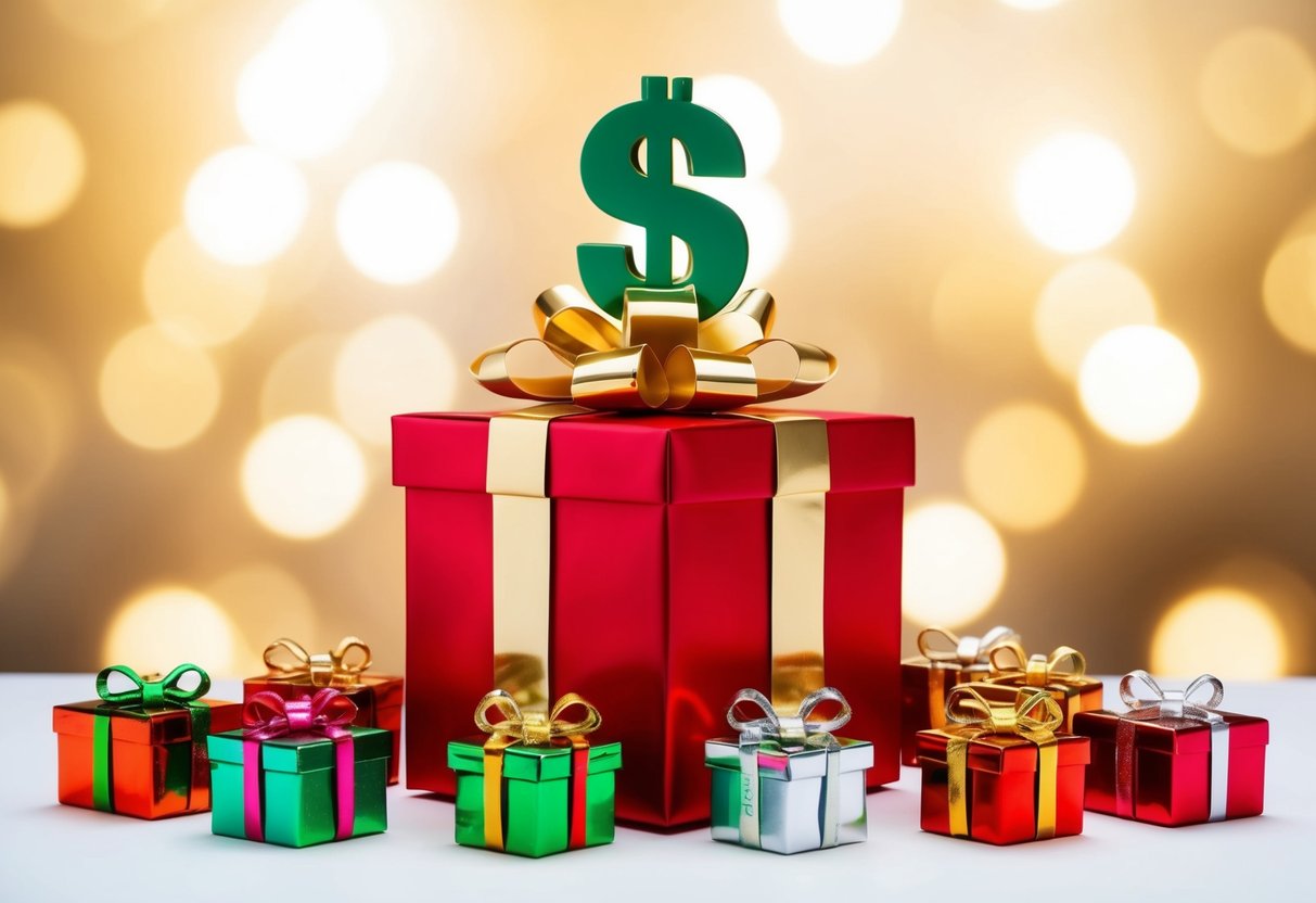 A gift box with a dollar sign on top, surrounded by a group of presents