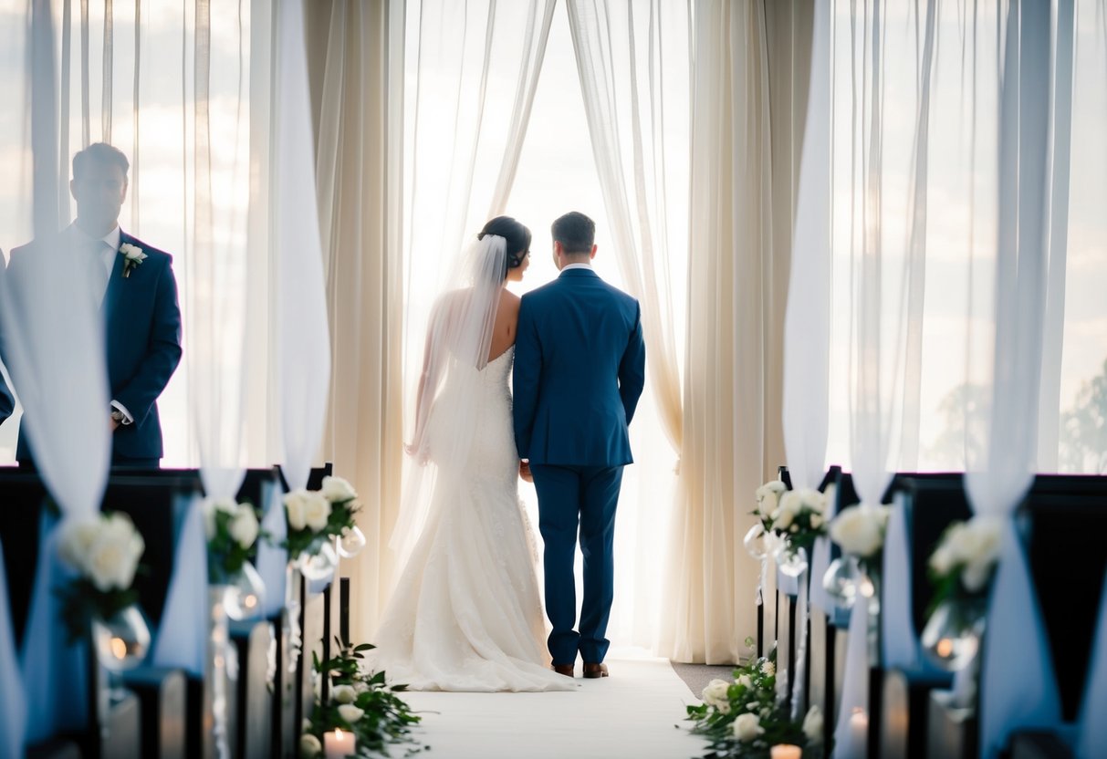 A groom waits at the end of the aisle, while the bride stands hidden behind a sheer curtain, their silhouettes visible to each other