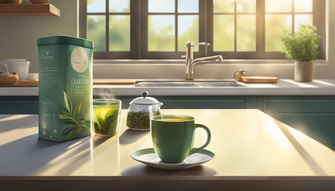 A serene kitchen counter with a steaming cup of olive leaf tea next to a packet of green tea, with a gentle afternoon sunlight streaming in through the window