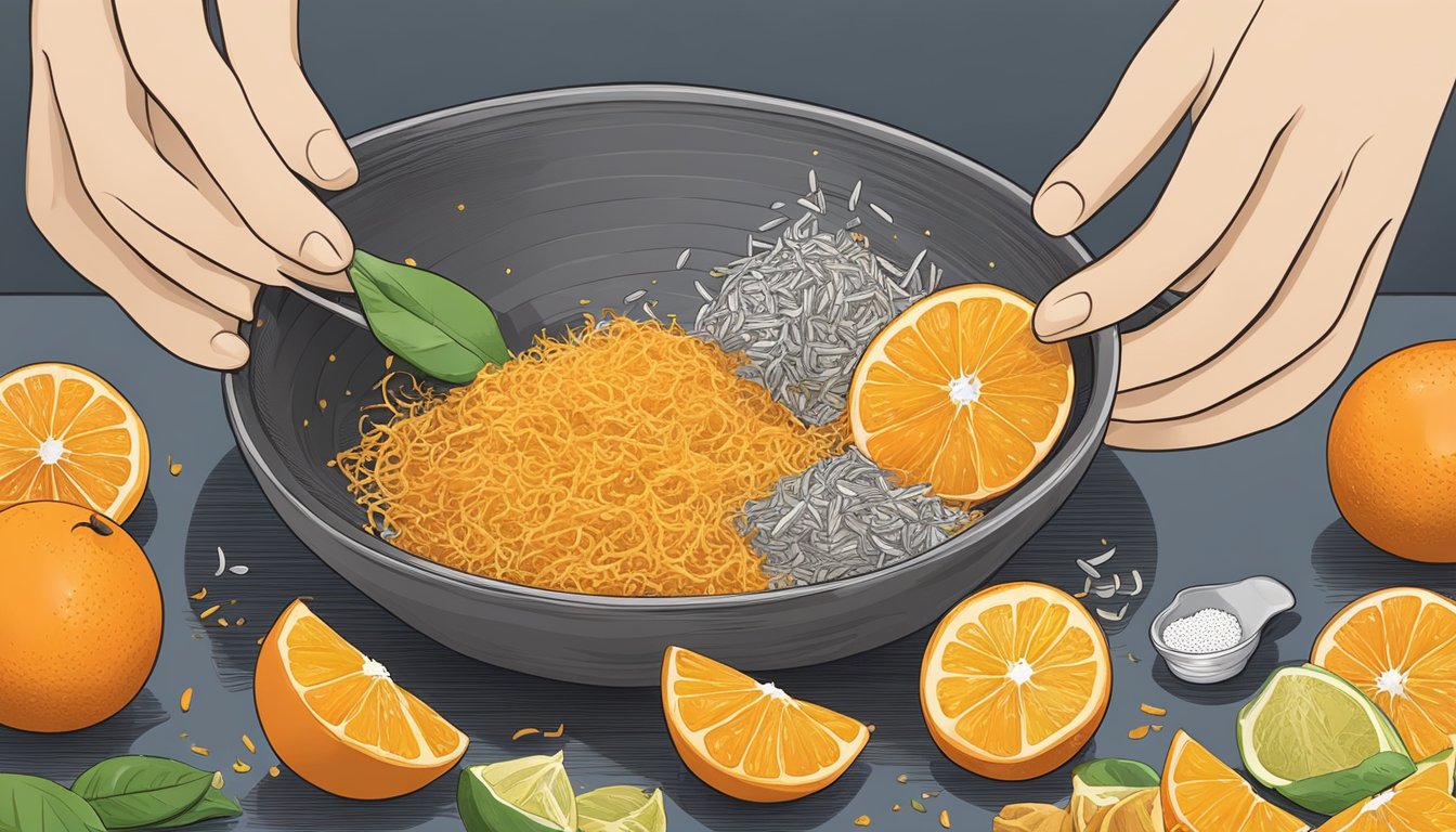 A hand grating orange zest over a bowl of ingredients