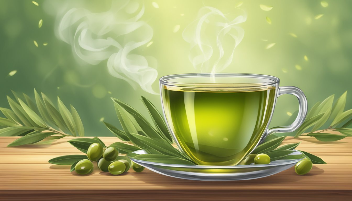 A steaming cup of olive leaf tea replaces a cup of green tea on a wooden table, surrounded by scattered olive leaves