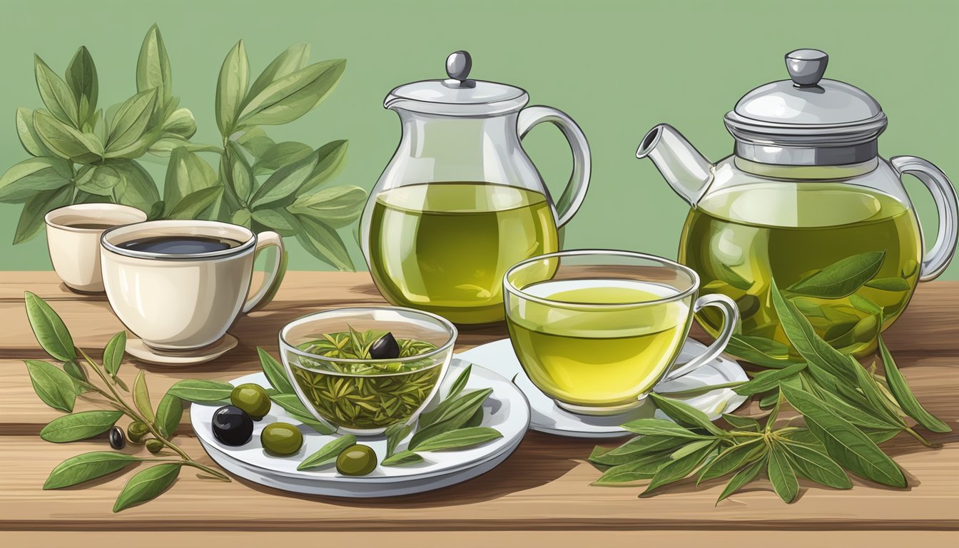 A teapot brewing olive leaf tea next to a cup of green tea on a wooden table, surrounded by various herbs and ingredients