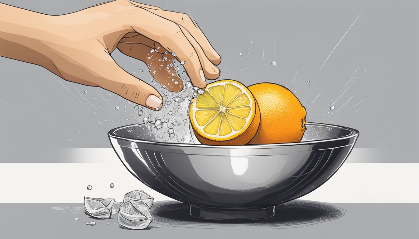 A hand grates an orange and a lemon over a bowl, releasing fragrant zest