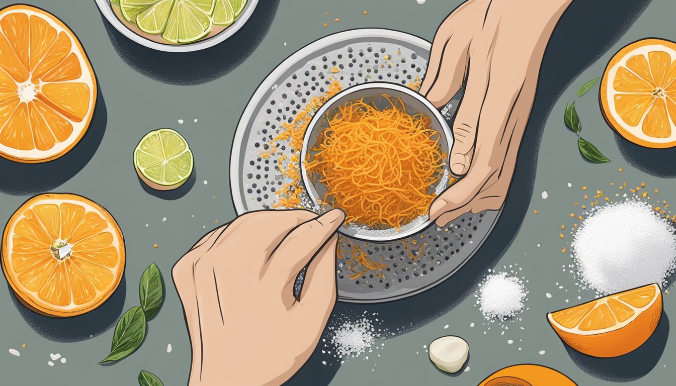 A hand grating orange zest over a bowl of ingredients