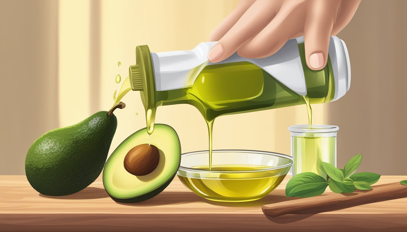 A chef pouring olive oil into a measuring cup, with an avocado oil bottle next to it. Both oils are placed on a wooden cutting board