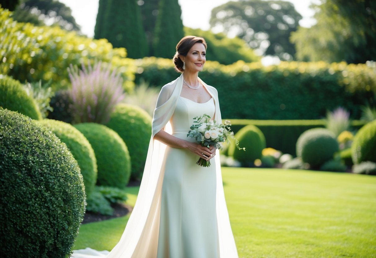 A mother in an elegant, floor-length gown, with a delicate shawl draped over her shoulders, standing in a lush garden setting