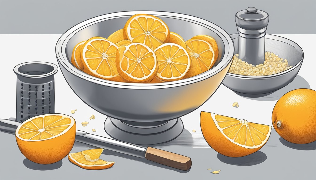 A hand grating orange peel over a bowl of ingredients, with a lemon and zester nearby