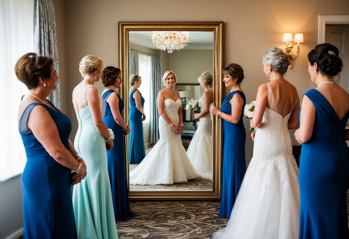 A mother standing in front of a full-length mirror, trying on different elegant dresses and accessories for her son's wedding