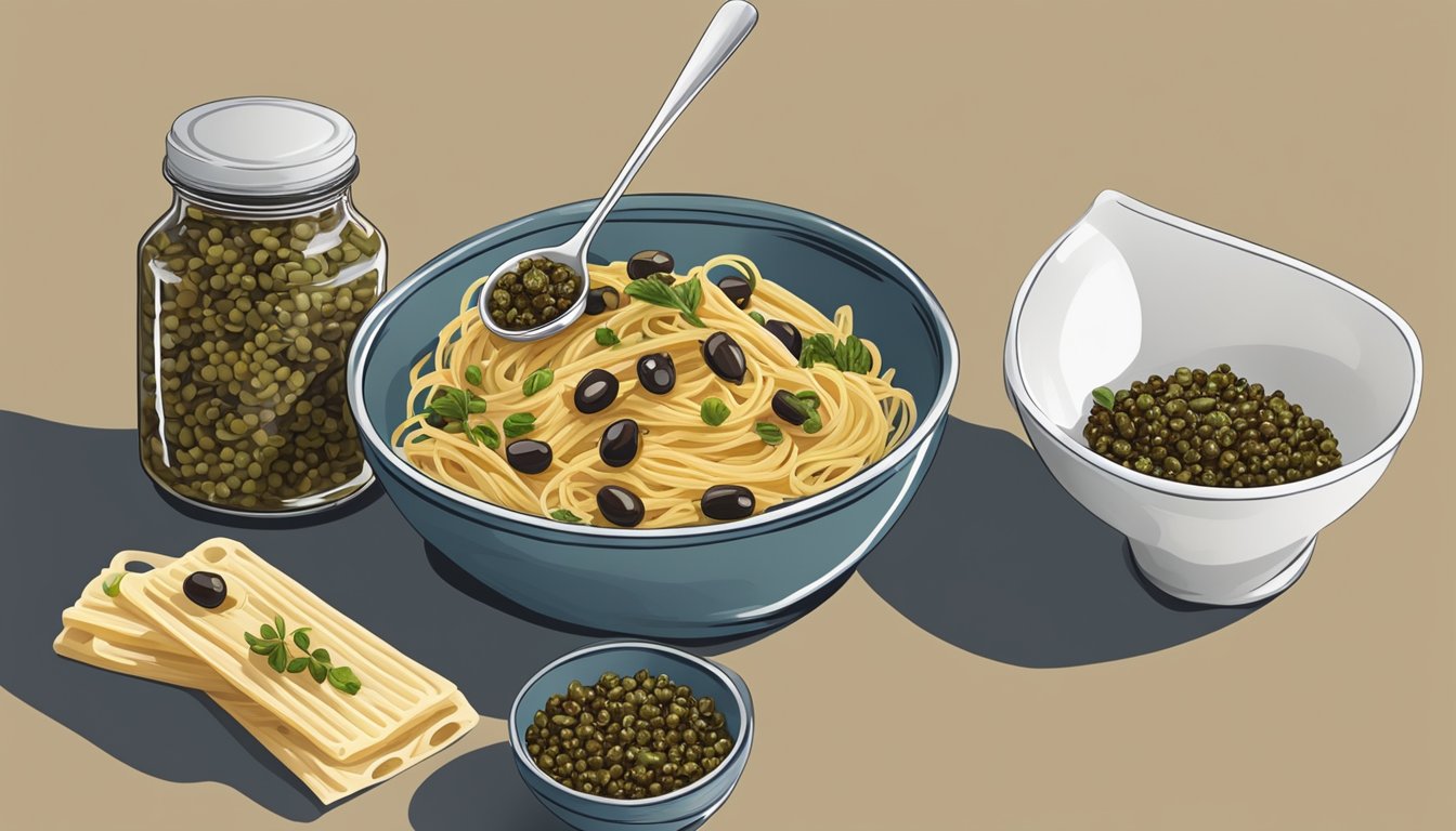 A jar of olive tapenade being spooned onto a dish of pasta, with a bowl of capers nearby