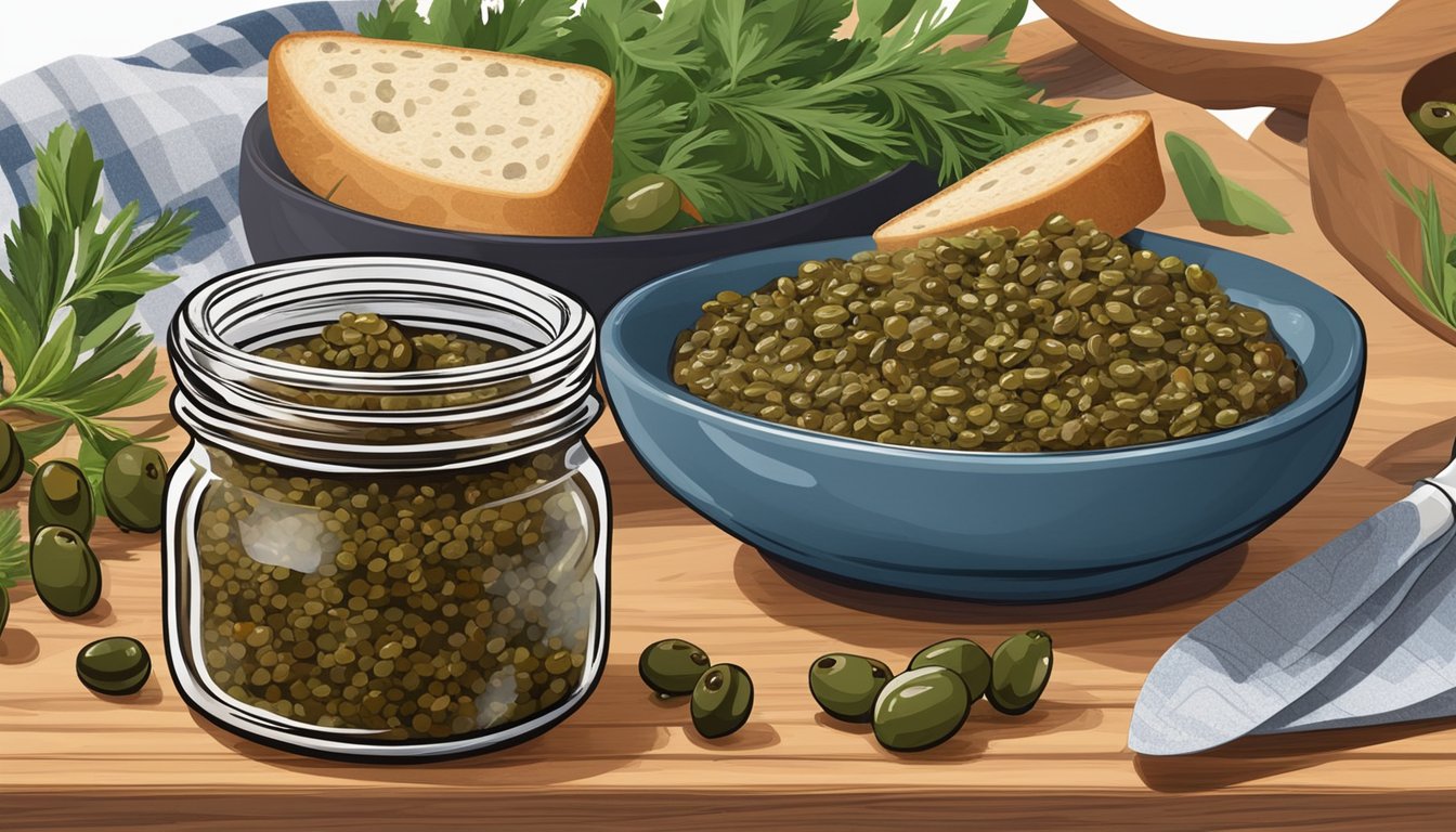 A jar of olive tapenade sits next to a bowl of capers, surrounded by fresh herbs and a cutting board with sliced bread