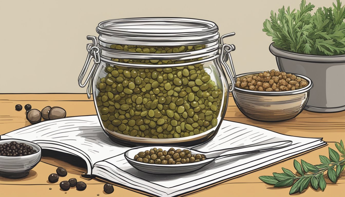 A jar of olive tapenade sits next to a bowl of capers, surrounded by various herbs and spices. A recipe book lies open, with a page on substitution basics highlighted