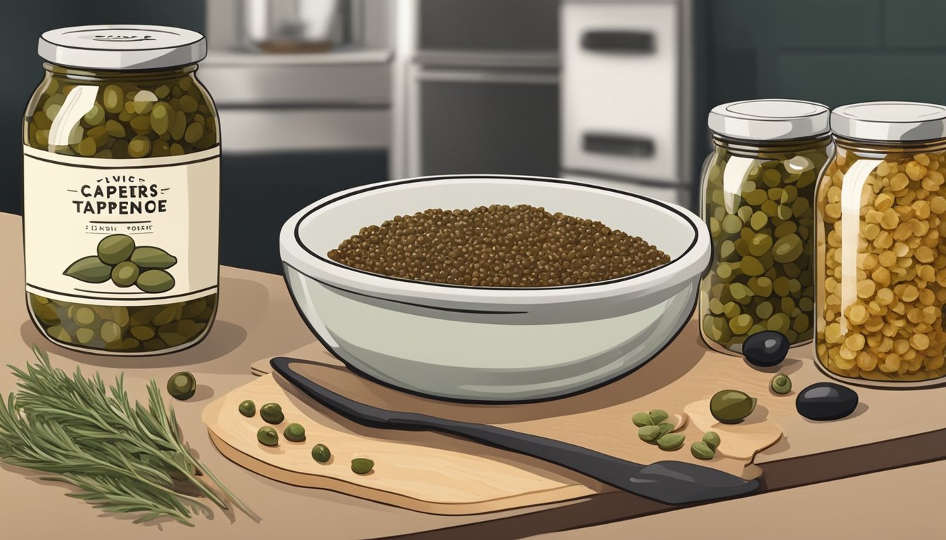 A jar of olive tapenade sits next to a bowl of capers, both surrounded by various cooking ingredients and utensils on a kitchen counter