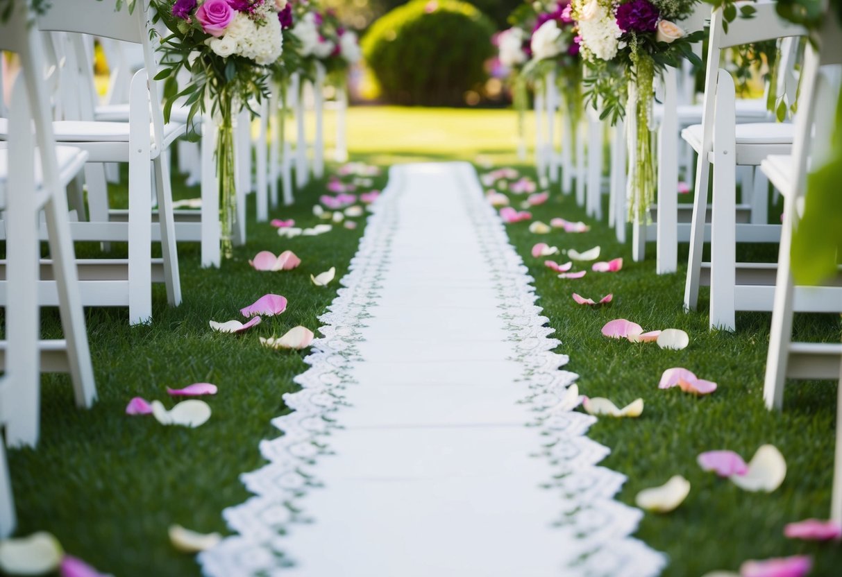 A white lace aisle runner stretches down the center of a sunlit garden, bordered by vibrant flower petals and greenery
