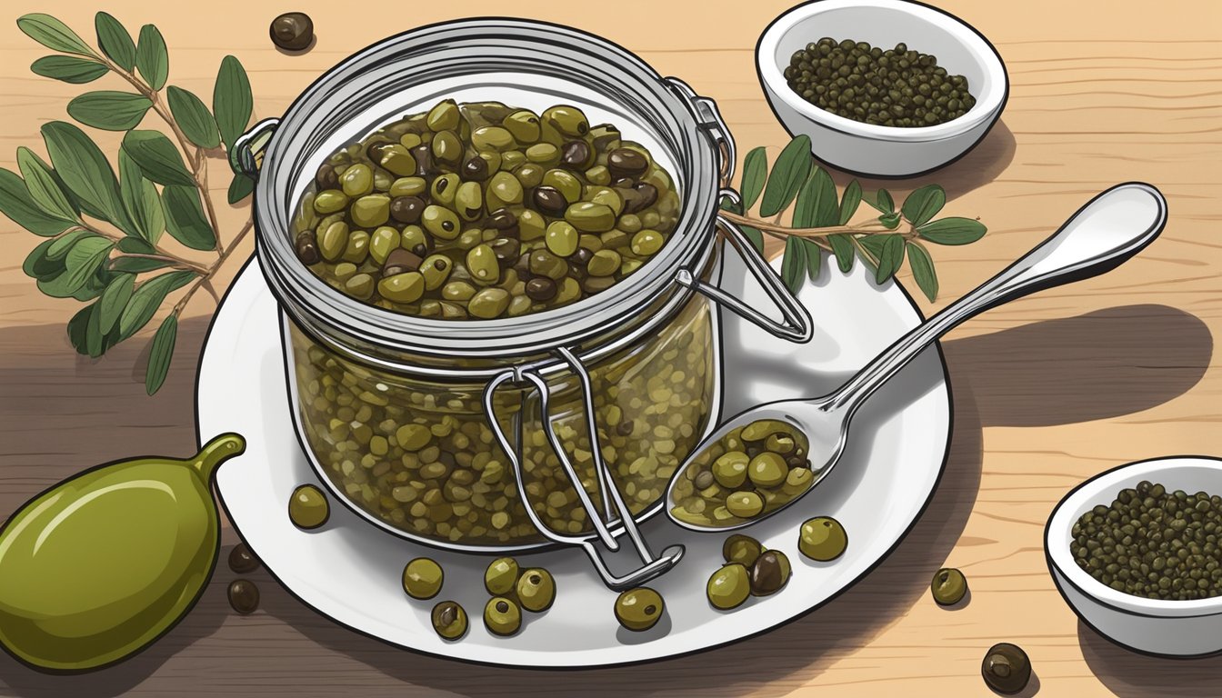 A jar of olive tapenade sits next to a dish of capers, with a measuring spoon scooping out a spoonful to replace the capers in a recipe