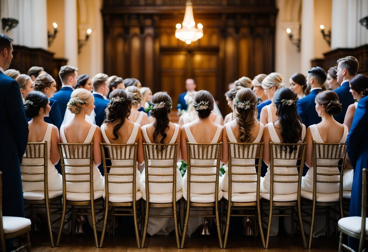 Bridesmaids in elegant dresses gather in a row, facing the ceremony. They are seated on ornate wooden chairs in a grand, traditional UK venue