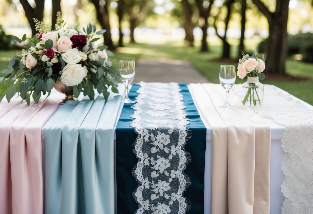 Aisle runner options displayed on a table with lace, satin, and floral designs