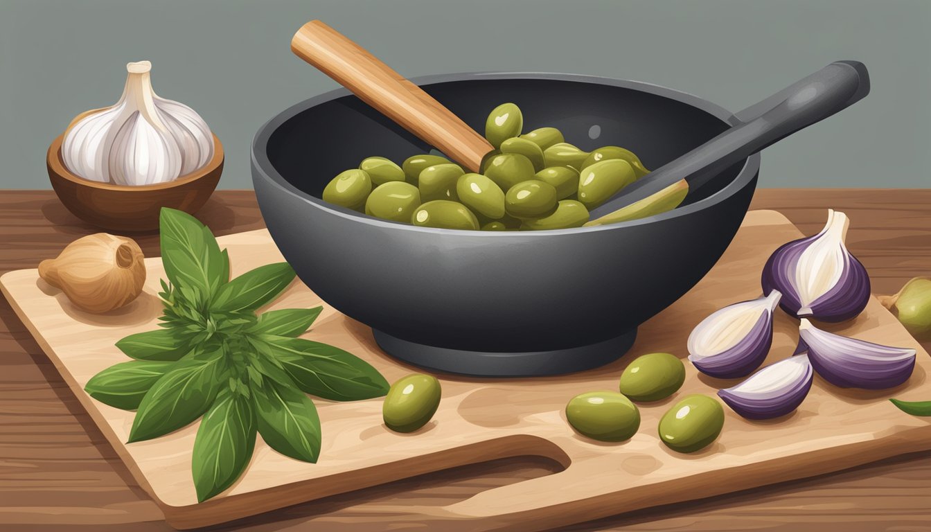 A wooden cutting board with olives, garlic, and herbs being chopped and mixed in a mortar and pestle