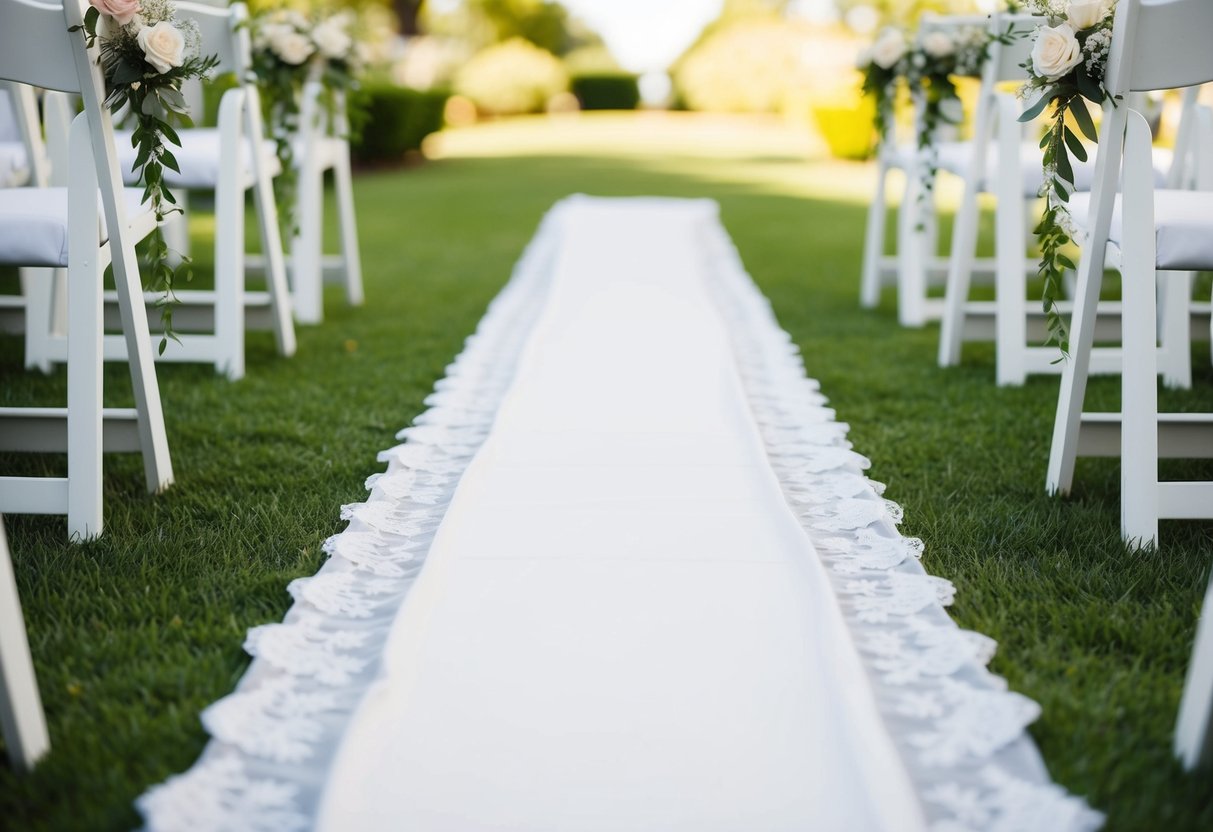 A white fabric aisle runner adorned with delicate lace and floral details, stretching down the center of a sunlit garden path