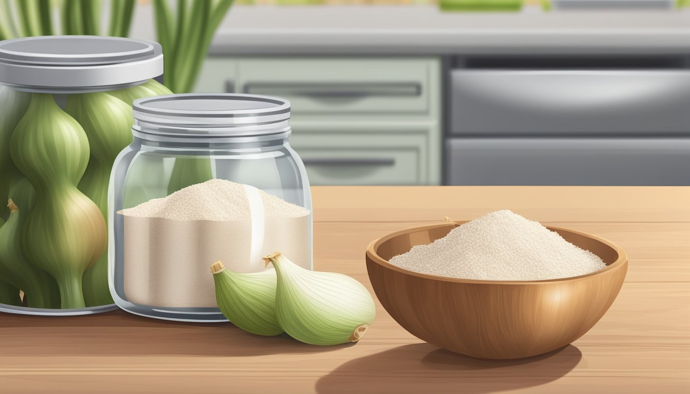 A pile of fresh onions next to a jar of onion powder on a kitchen counter