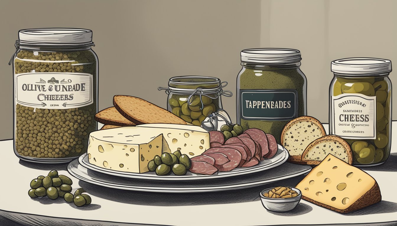 A bowl of olive tapenade sits next to a plate of assorted cheeses, crackers, and cured meats. A jar of capers is placed next to it, indicating the possibility of substitution