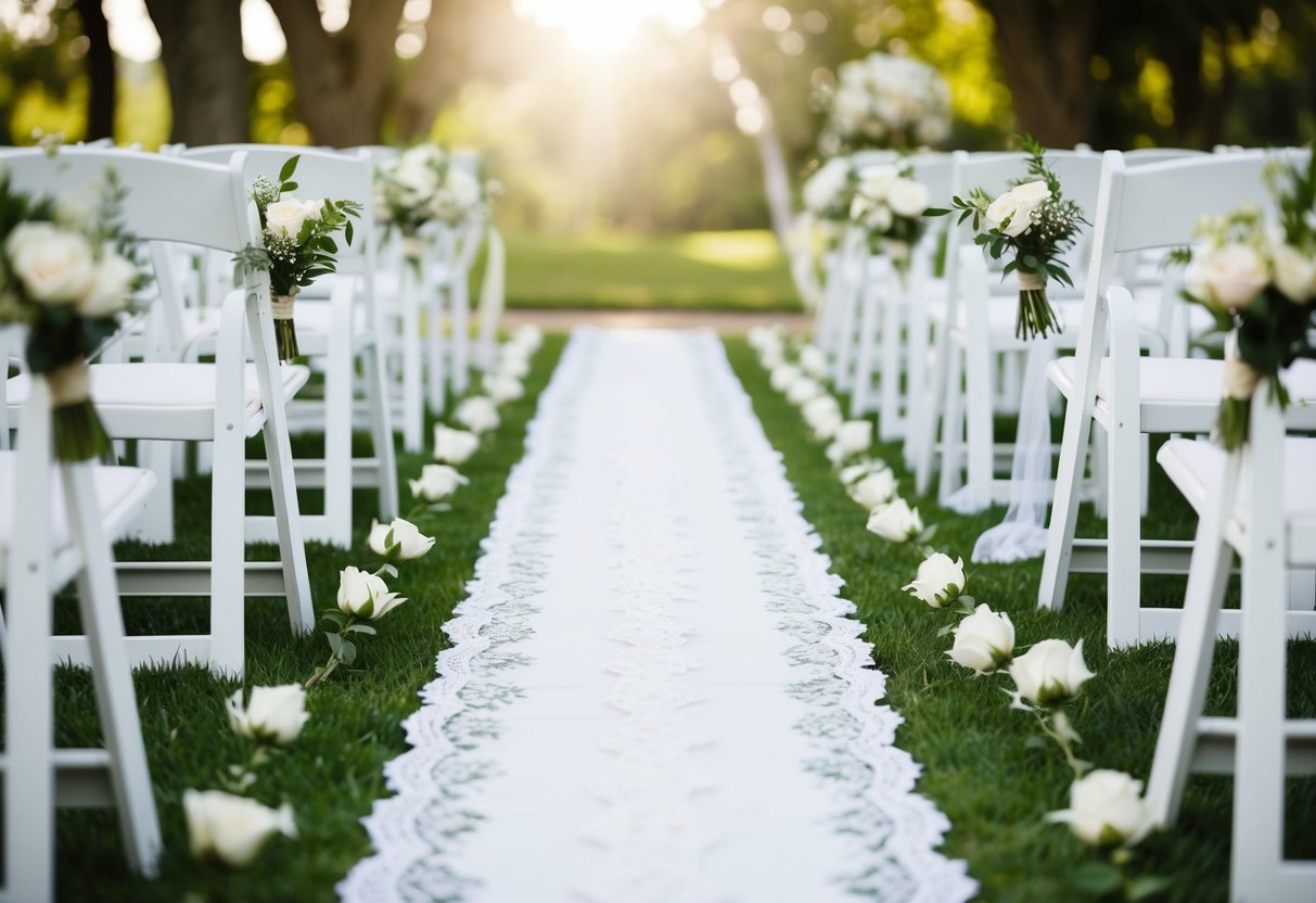 A white lace aisle runner unfurls down a flower-lined path in an outdoor wedding setting, with soft sunlight filtering through the trees
