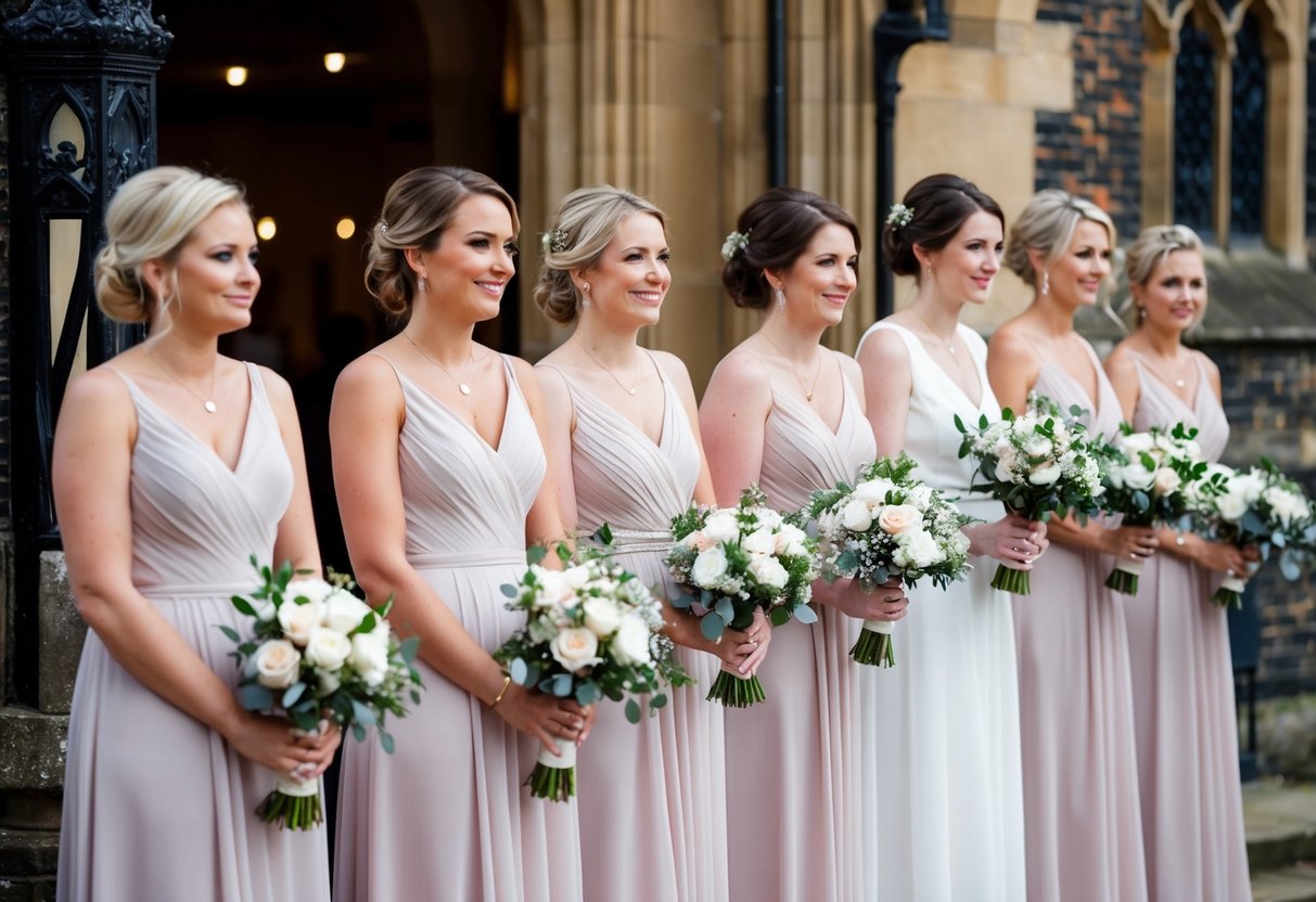 Bridesmaids stand in a line, holding bouquets, as they watch the wedding processional in a traditional UK ceremony