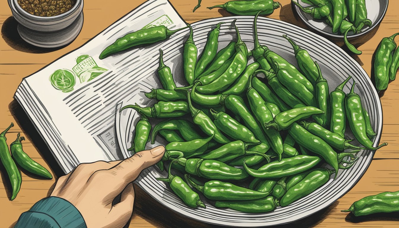 A hand reaching for a bowl of padron peppers next to a plate of shishito peppers, with a guidebook open to a page about pepper varieties