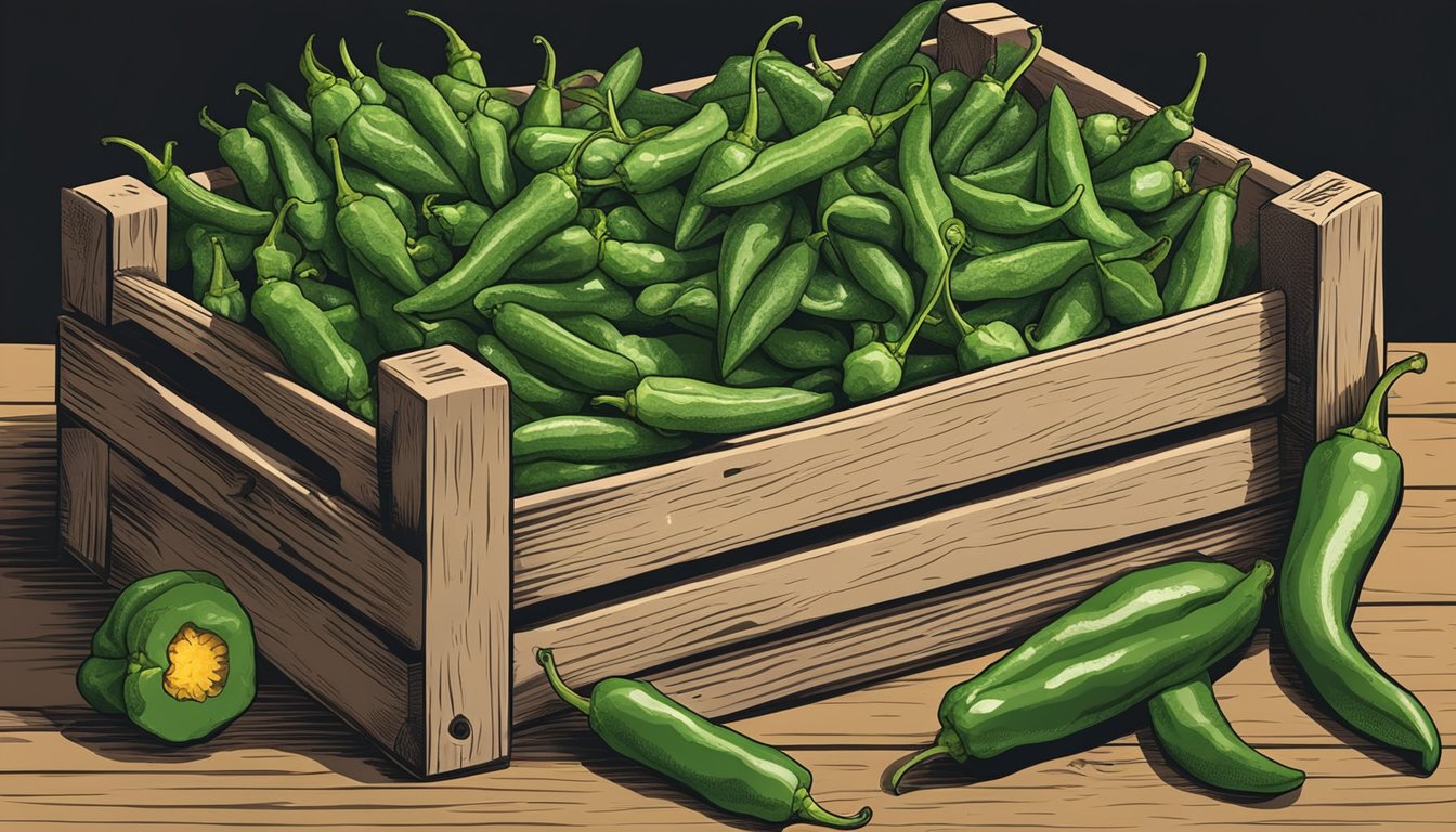 Fresh padron peppers next to shishito peppers in a rustic wooden crate, with a bowl of assorted pepper substitutes nearby