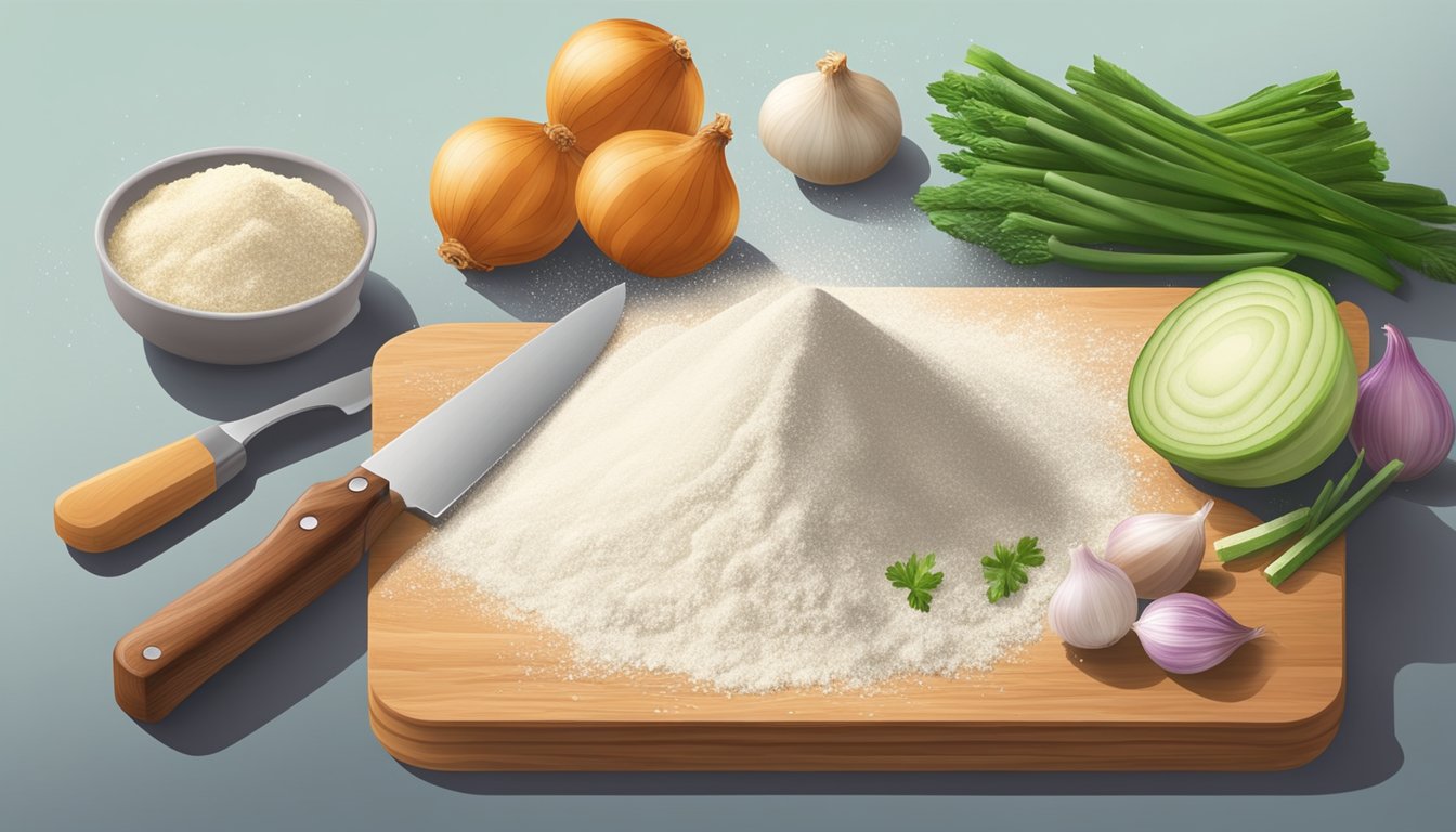 Chopped onion powder being sprinkled onto a cutting board, next to a knife and various vegetables