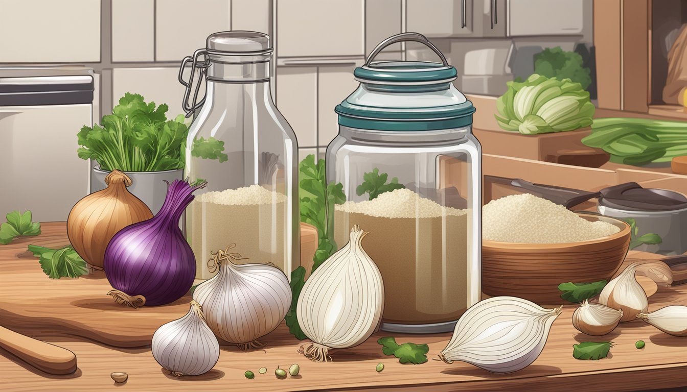 Chopped onions and a jar of onion powder on a kitchen counter, surrounded by various ingredients and cooking utensils