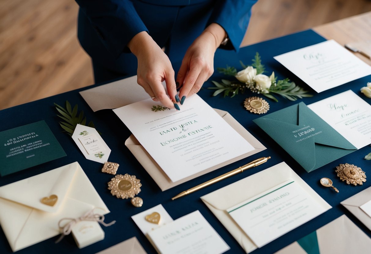 A designer carefully selects and arranges various elements for a wedding invitation suite, including paper, envelopes, and decorative details