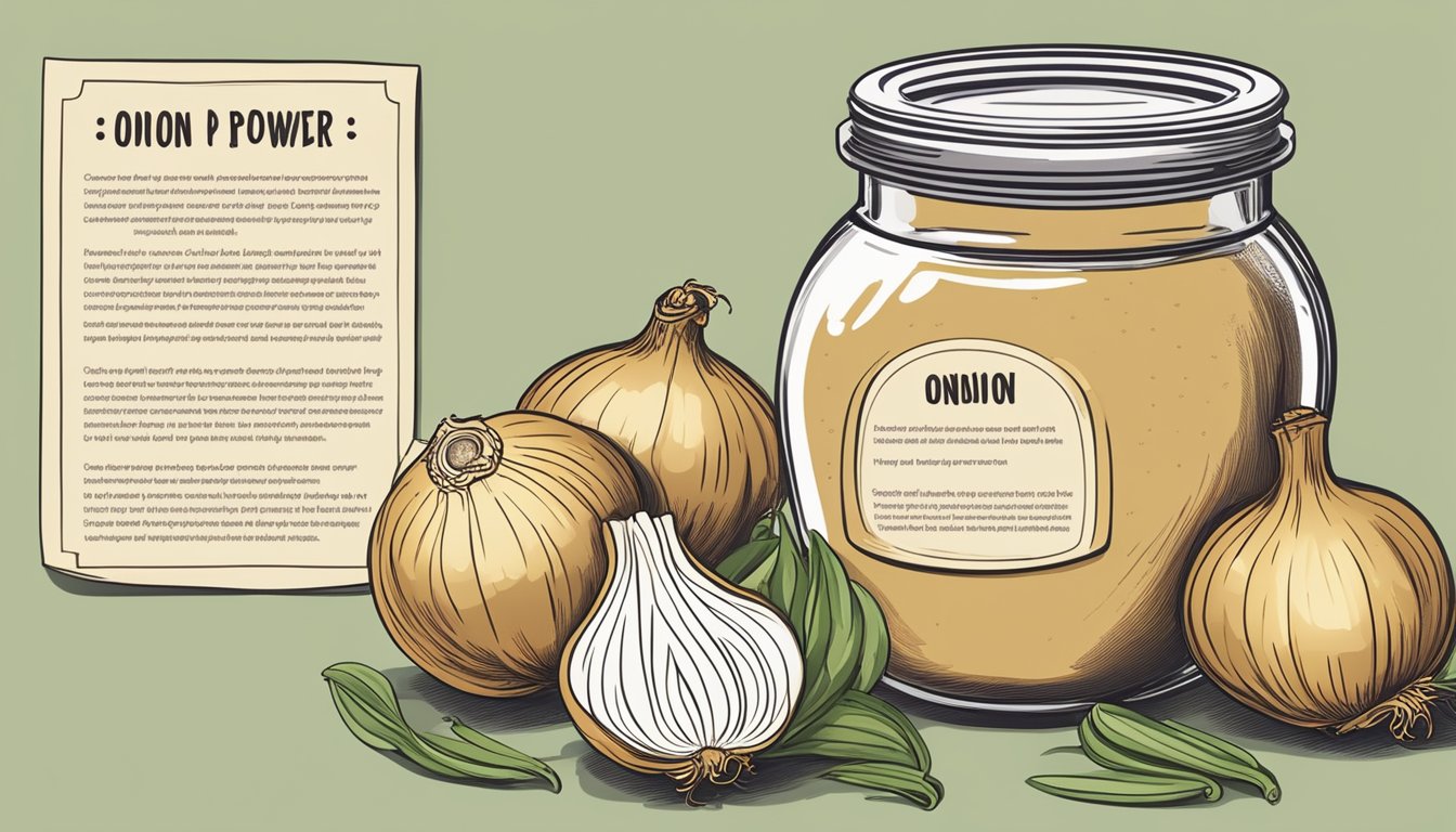 A jar of onion powder next to fresh onions, with a list of nutritional benefits and instructions on how to substitute the powder for the onions