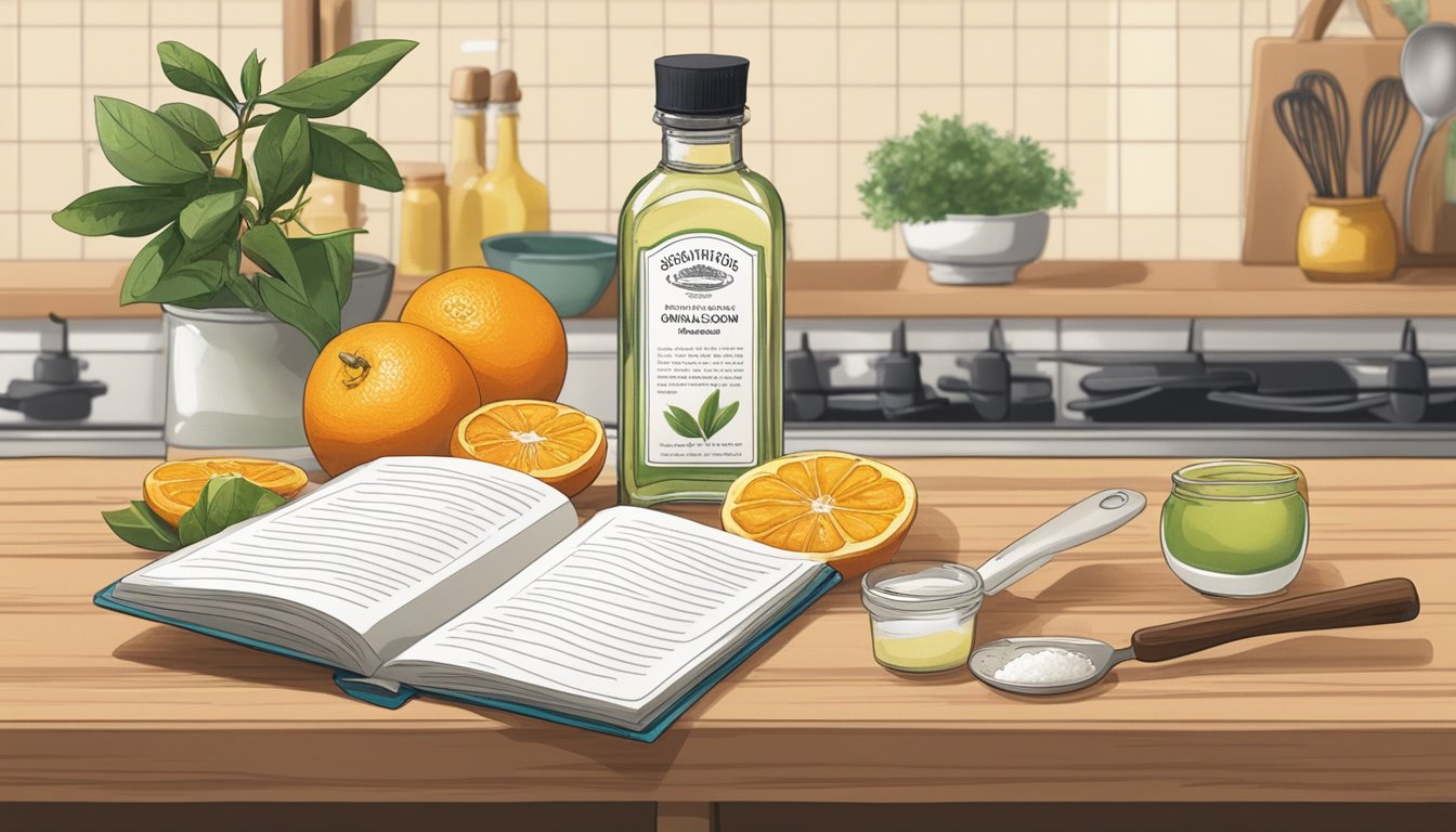 A small bottle of orange blossom water sits on a kitchen counter next to various ingredients and utensils. A recipe book is open to a page on substitutions