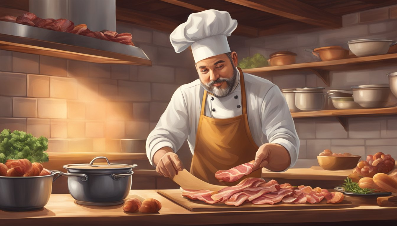 A chef reaching for pancetta instead of bacon in a rustic kitchen setting