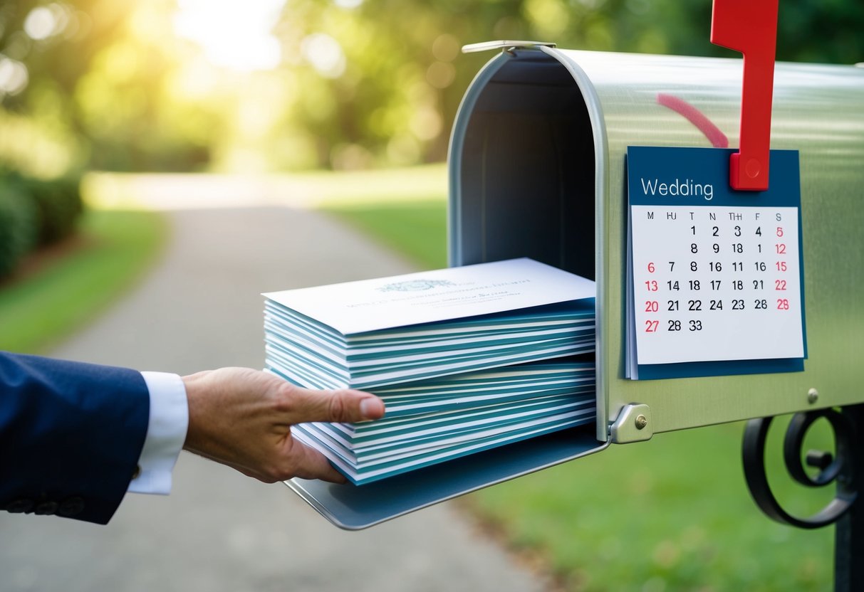 A stack of elegant wedding invitations being placed in a mailbox with a calendar showing the date of the upcoming wedding highlighted