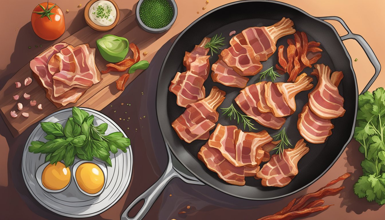 A sizzling skillet with pancetta cooking next to a plate of bacon. Ingredients like spices and herbs are arranged nearby for pairing