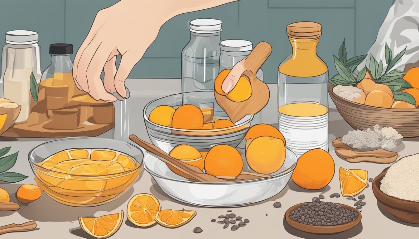 A hand reaching for a bottle of orange extract among various other baking ingredients on a kitchen counter