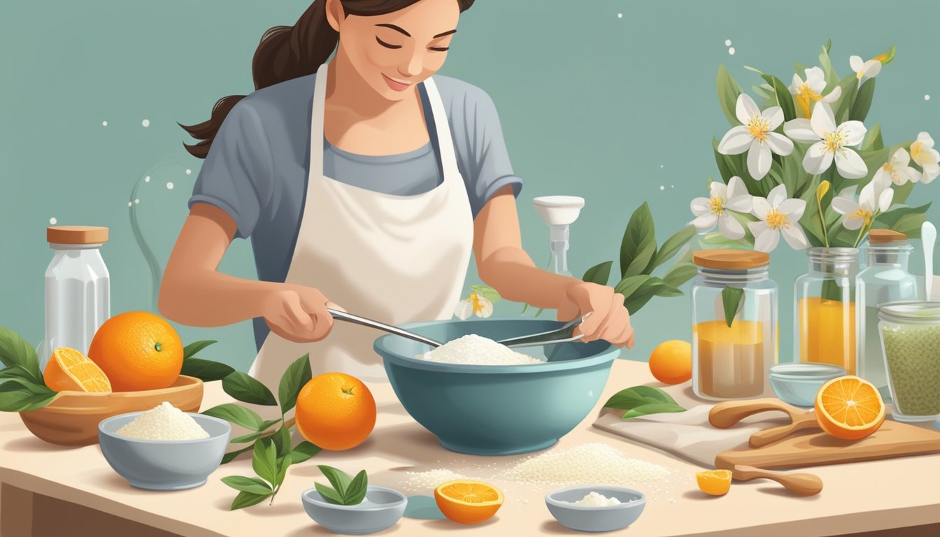 A baker pours orange blossom water into a measuring spoon, surrounded by various baking ingredients and utensils on a clean kitchen counter