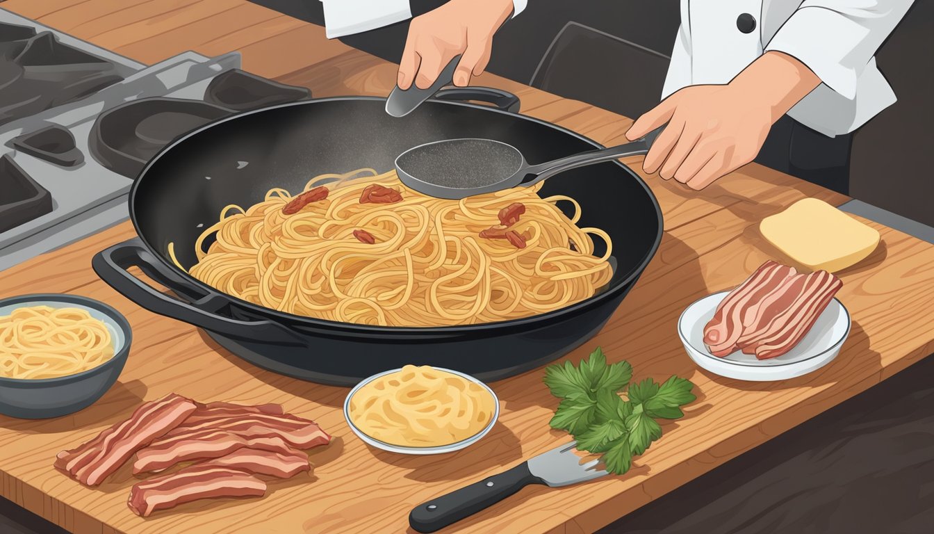 A chef swapping pancetta for bacon in a sizzling skillet of pasta carbonara. Ingredients and cooking utensils are laid out on a wooden countertop