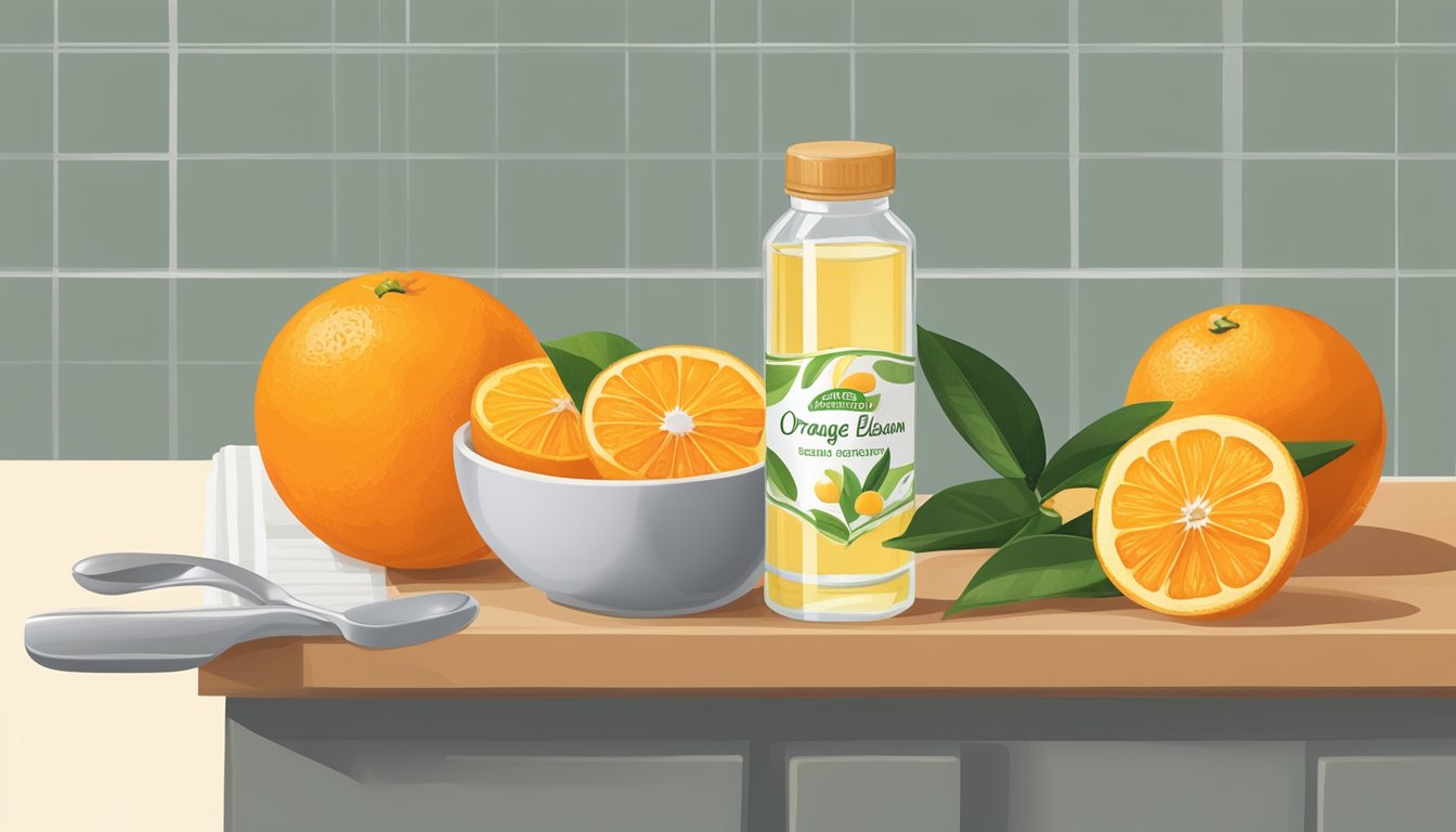 A small bottle of orange blossom water sits on a kitchen counter next to a bowl of fresh oranges and a measuring spoon