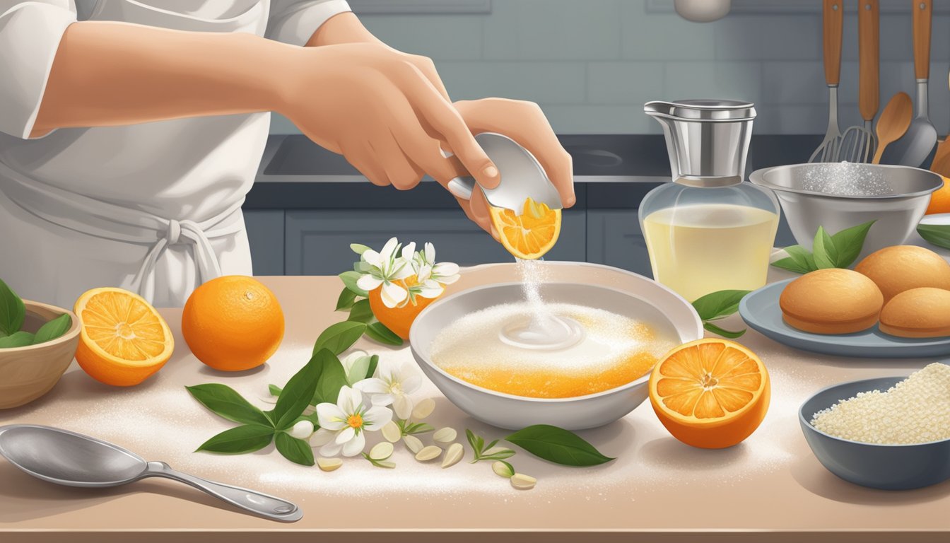 A baker pours orange blossom water into a measuring spoon, surrounded by baking ingredients and utensils on a kitchen counter