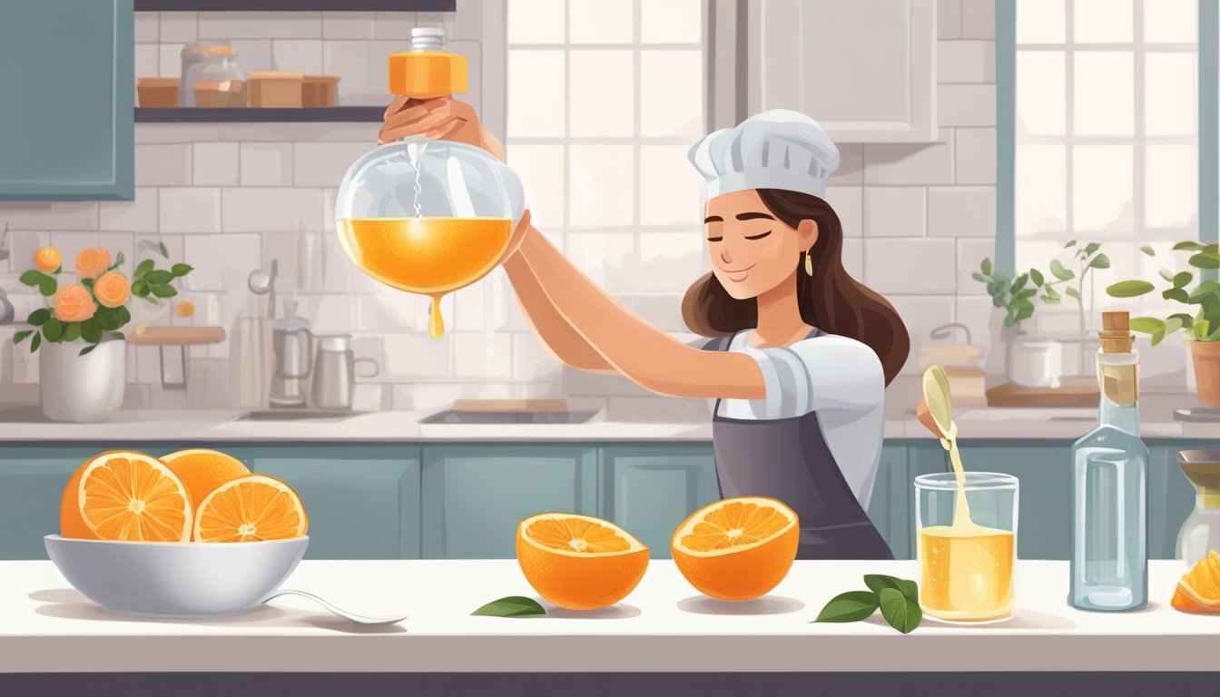 A baker pours orange blossom water into a measuring spoon, with a bottle of rose water nearby on a kitchen counter