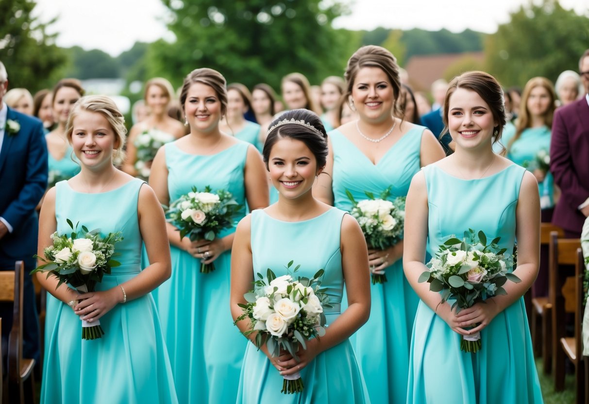 A group of junior bridesmaids walk down the aisle in matching dresses, carrying bouquets and smiling