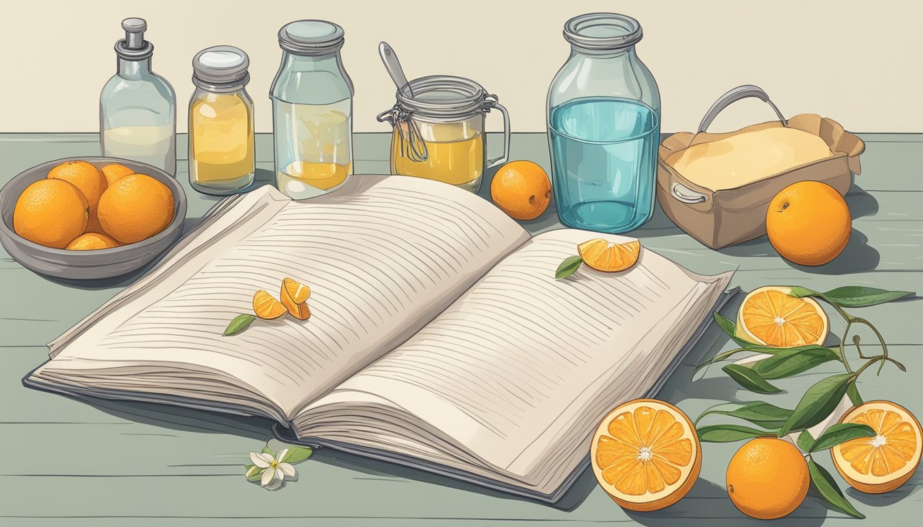 A kitchen counter with ingredients and baking utensils, a bottle of orange blossom water next to a recipe book open to a page on baking substitutions