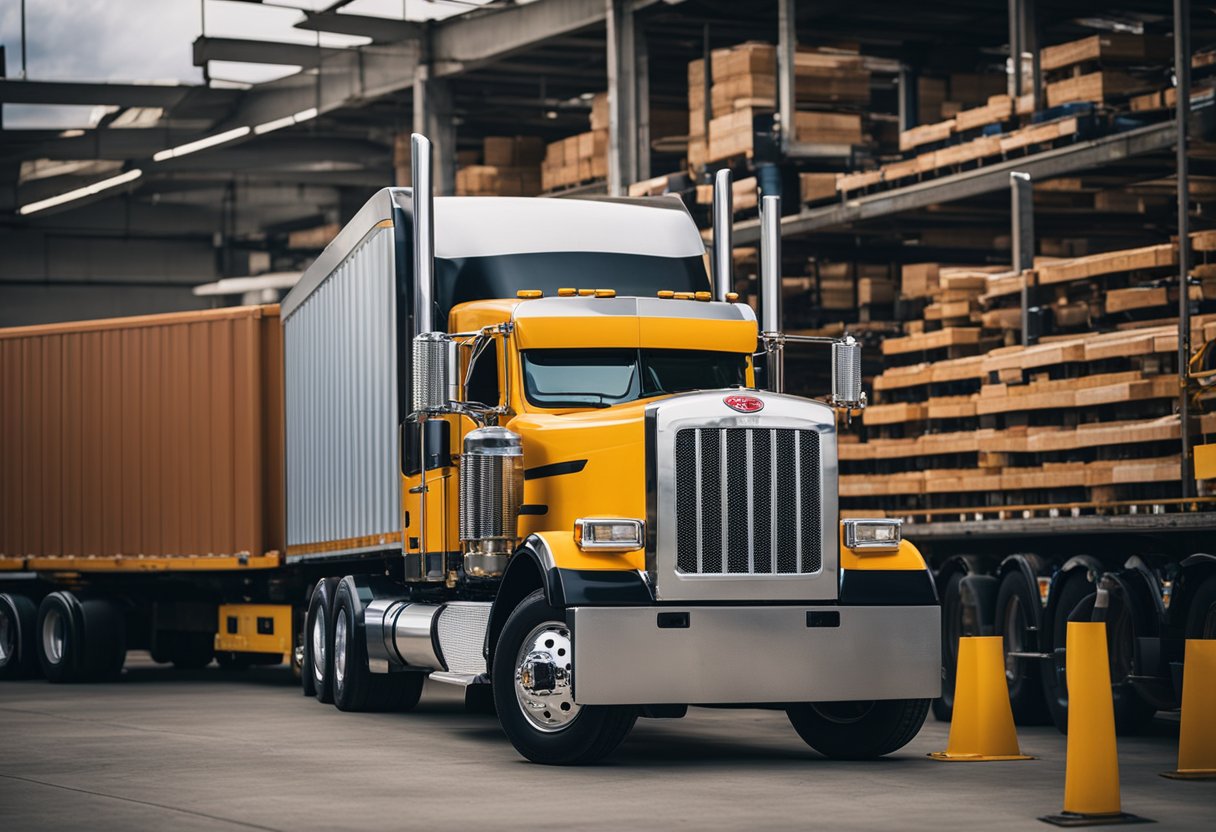 A Peterbilt truck sits on a scale, its weight displayed on the screen. The truck is surrounded by a warehouse filled with other heavy machinery