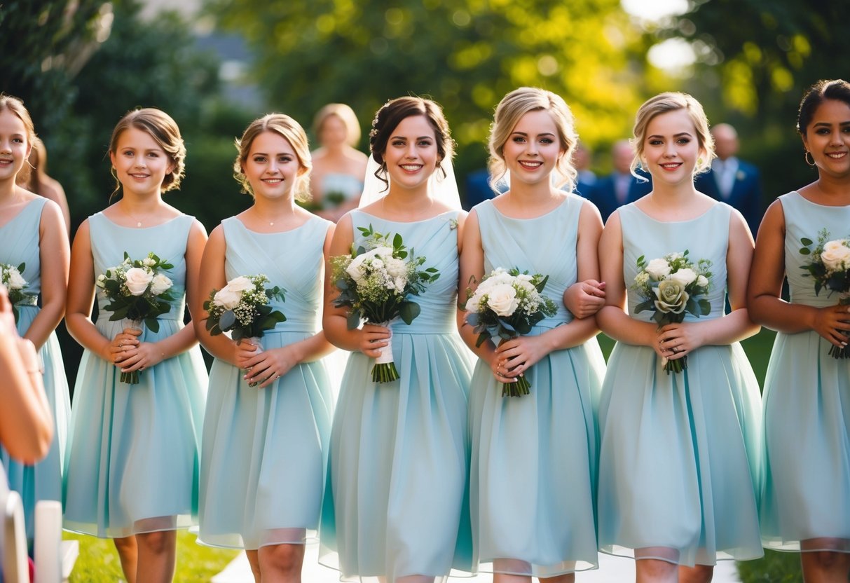 A group of junior bridesmaids walk down the aisle together, carrying small bouquets and wearing matching dresses, smiling and looking confident