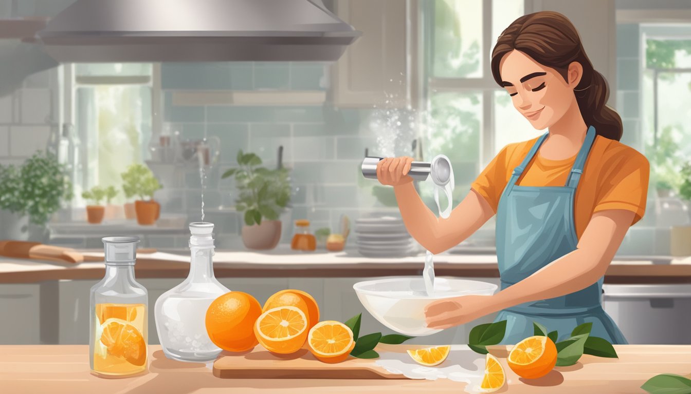 A baker pours orange blossom water into a measuring spoon, with a bottle of rose water nearby on a kitchen counter