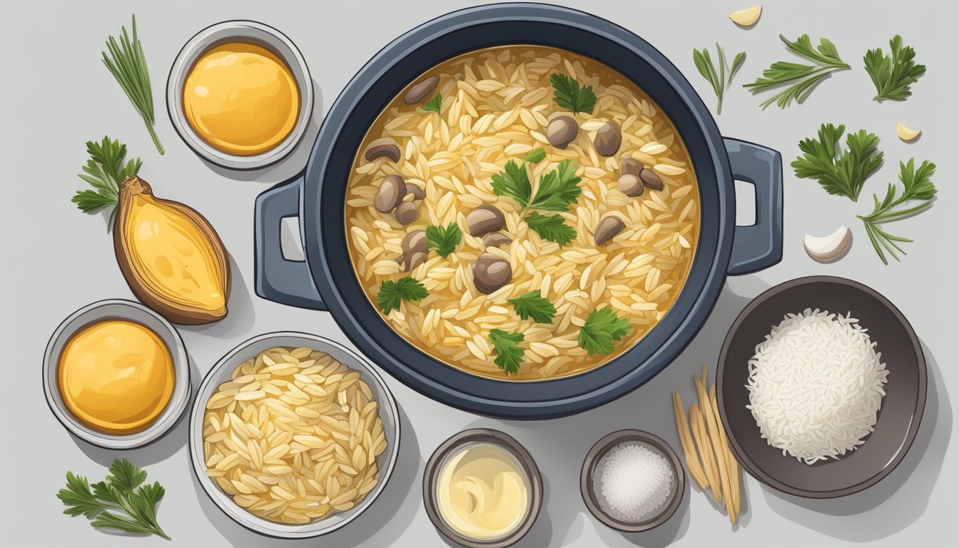 A pot of orzo cooking in broth, with a variety of fresh ingredients like mushrooms, onions, and Parmesan cheese nearby