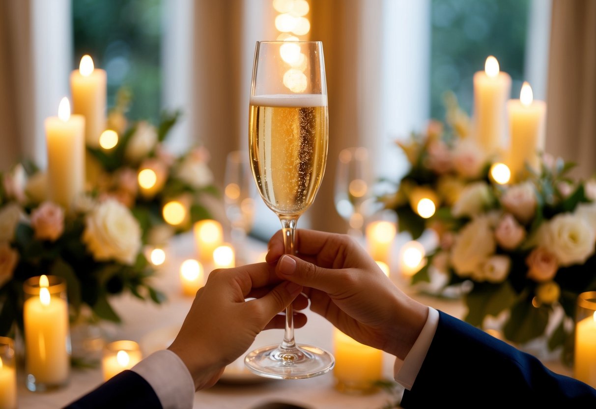 A champagne glass raised in a celebratory toast, surrounded by elegant floral arrangements and glowing candlelight